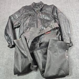 JR Leather Jacket Mens Medium Black Motorcycle Biker Zip Pockets Chaps